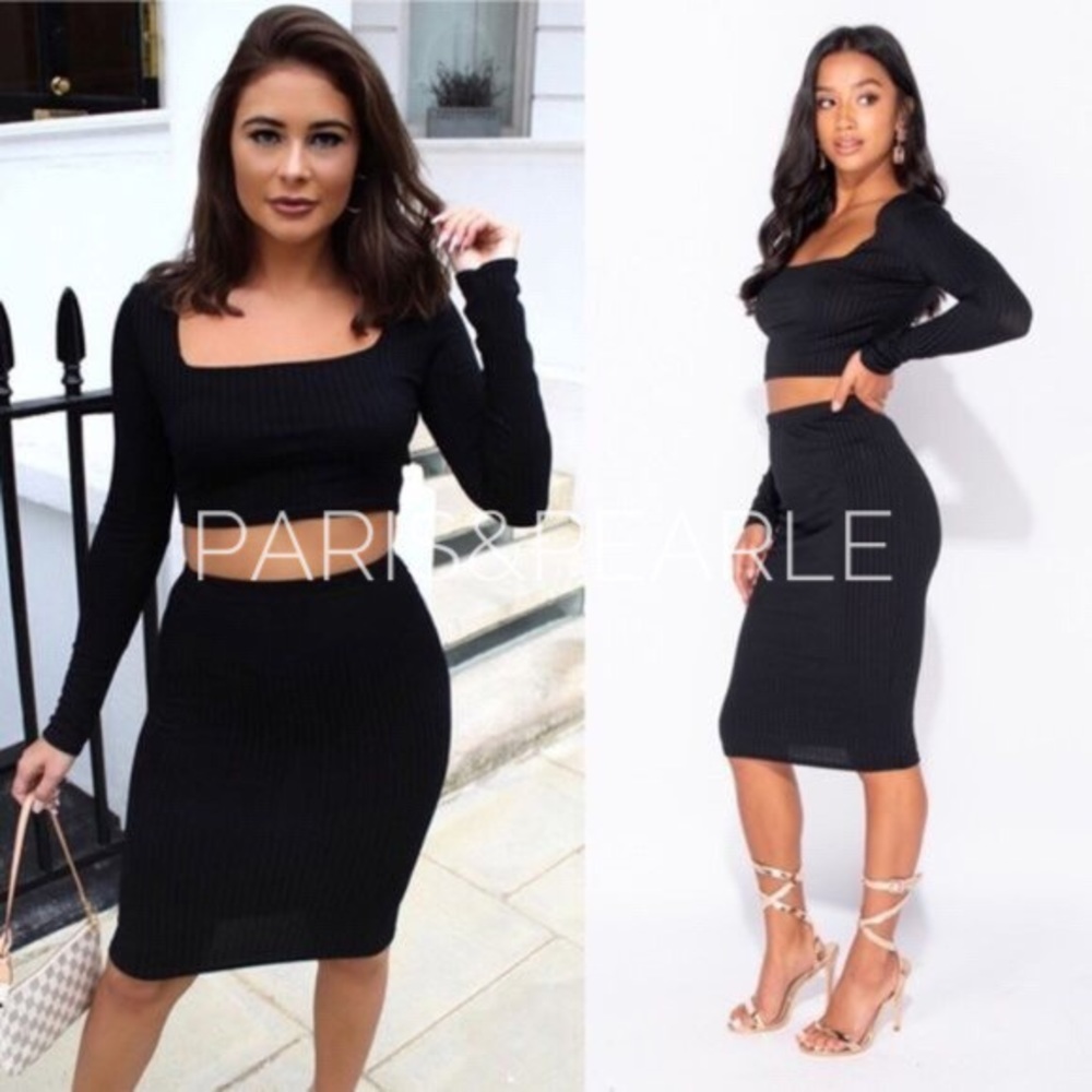 Kacy Black Rib Knit Crop Top & Midi Skirt Set